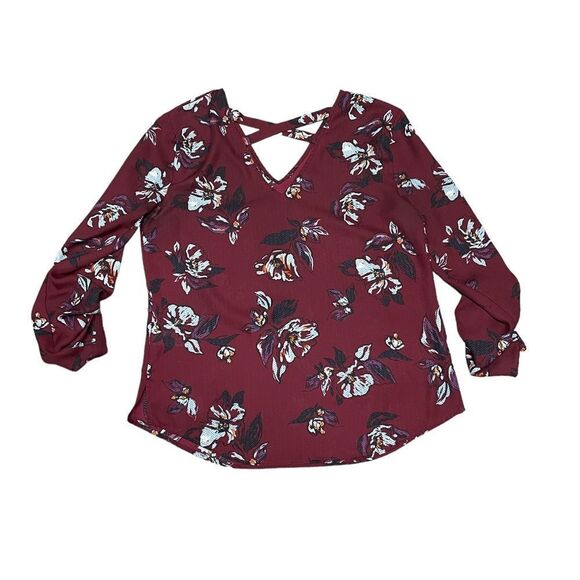 Maurice’s Floral Burgundy Blouse Criss cross back - Picture 3 of 4